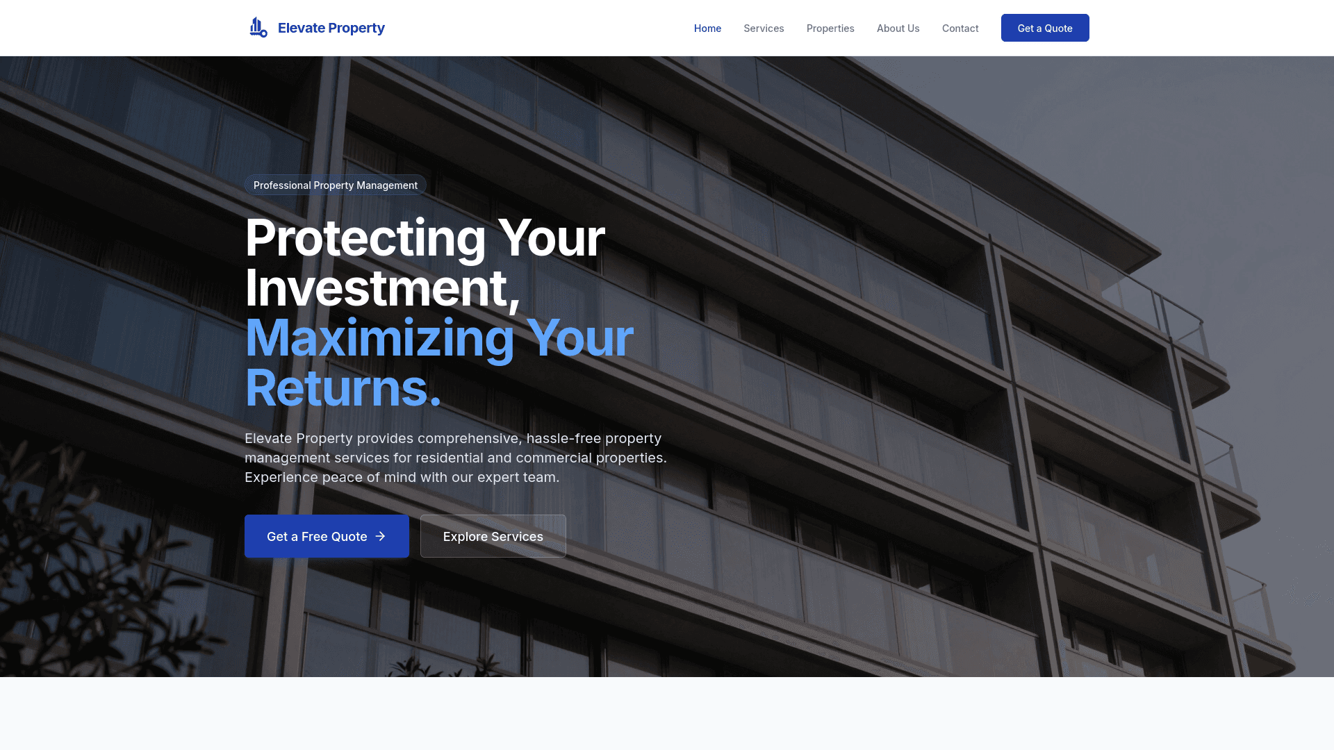 clean blue professional property management website template desktop preview screenshot