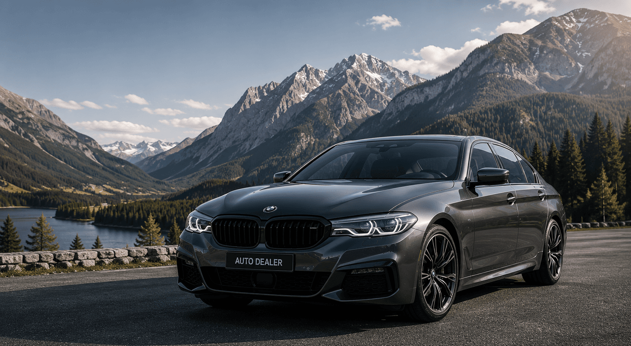 Outdoor mountain landscape car stock photo, grey BMW 5 Series M Sport sedan on alpine valley road, snow peaks, pine forest and lake backdrop, auto dealer marketing hero visual