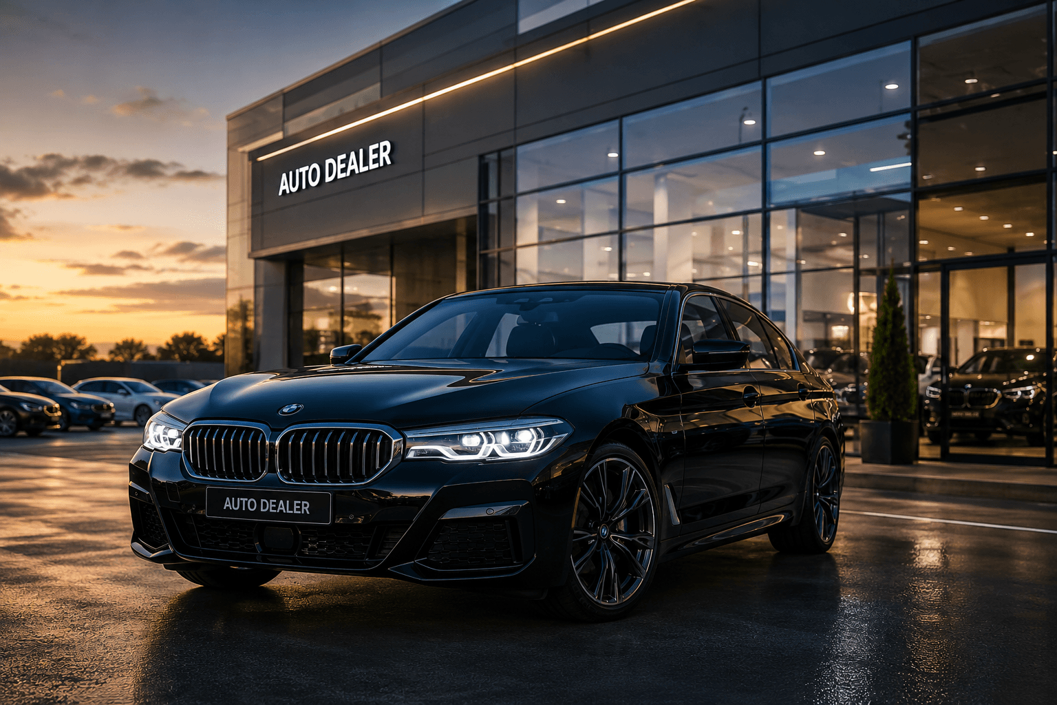 Twilight auto dealer showroom hero shot, black BMW 5 Series M Sport sedan on wet reflective pavement, modern glass dealership building with AUTO DEALER signage, sunset golden hour sky, luxury car marketing stock photo