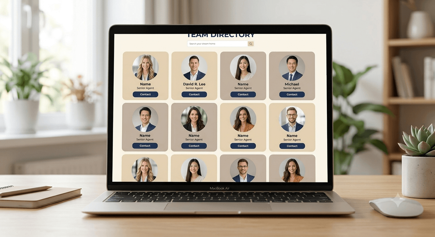 Immobilienteam-Verzeichnisseite mit individuellen Agentenprofilkarten, die Fotos und Kontaktbuttons zeigen