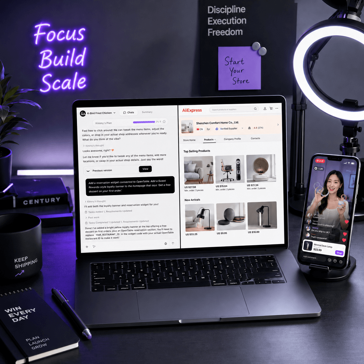 Jonge dropshipper die Wegic AI gratis dropshipping websitebouwer gebruikt naast TikTok Shop live setup