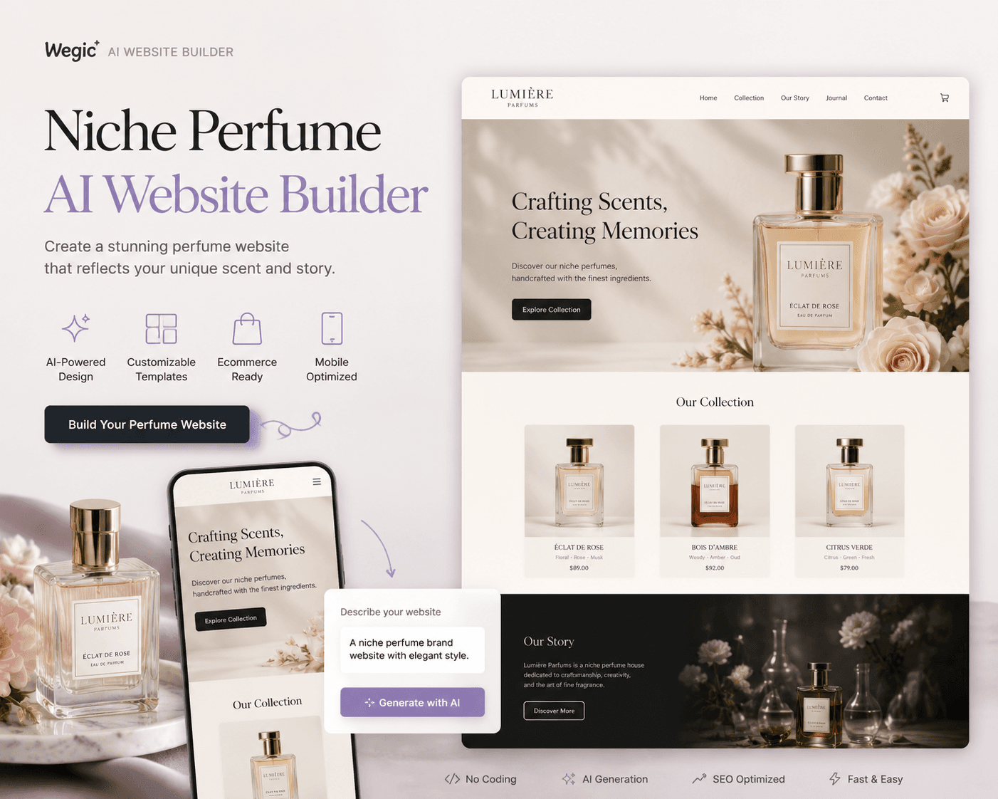 Wegic niche perfume AI website builder marketing graphic, luxury fragrance brand site desktop & mobile mockups, AI generation prompt UI, cream soft beauty aesthetic, ecommerce perfume template showcase
