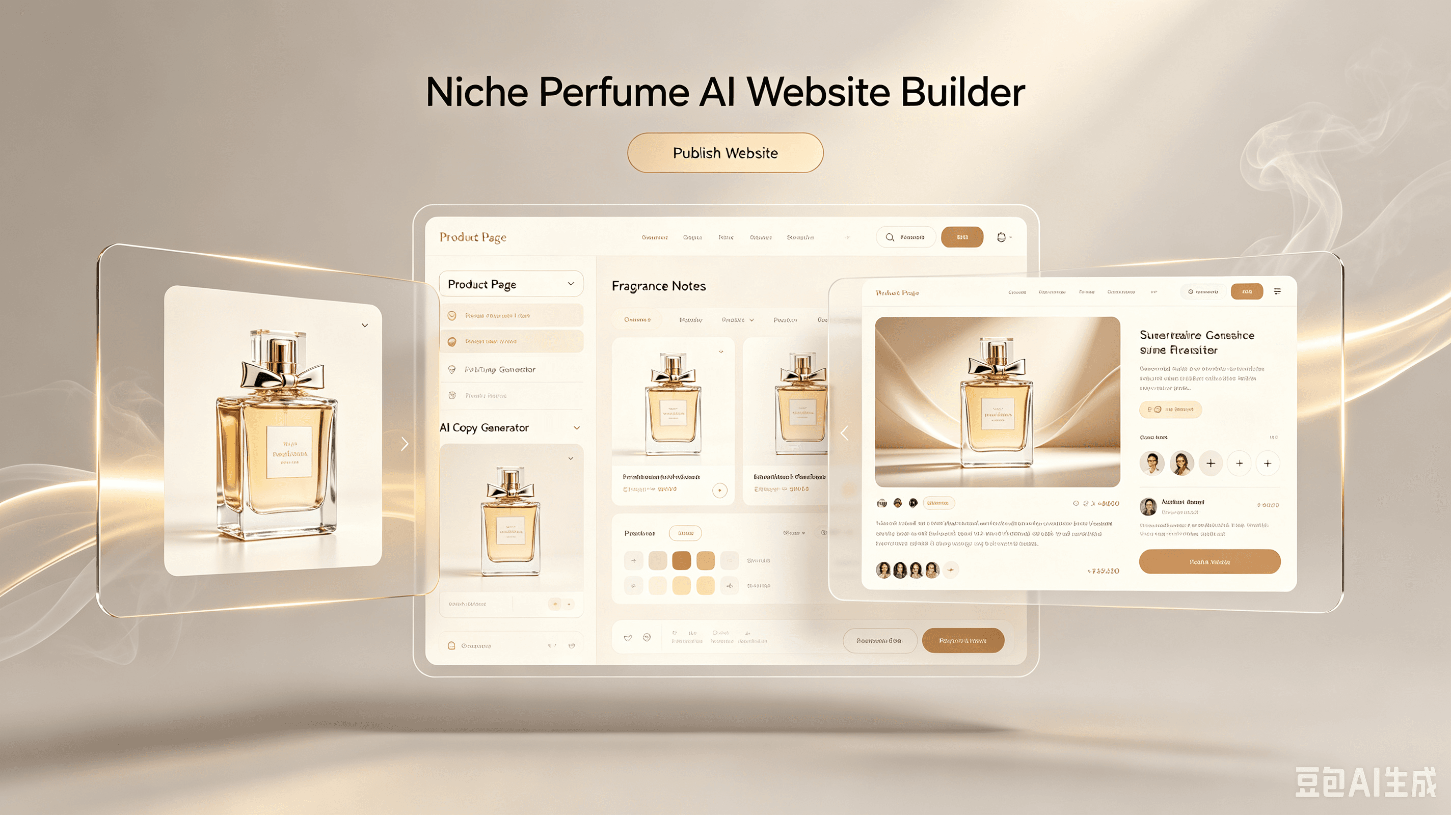 Niche Perfume AI Website Builder hero banner, luxury perfume bottle, AI website editor, mobile fragrance site preview, cream gold premium design.