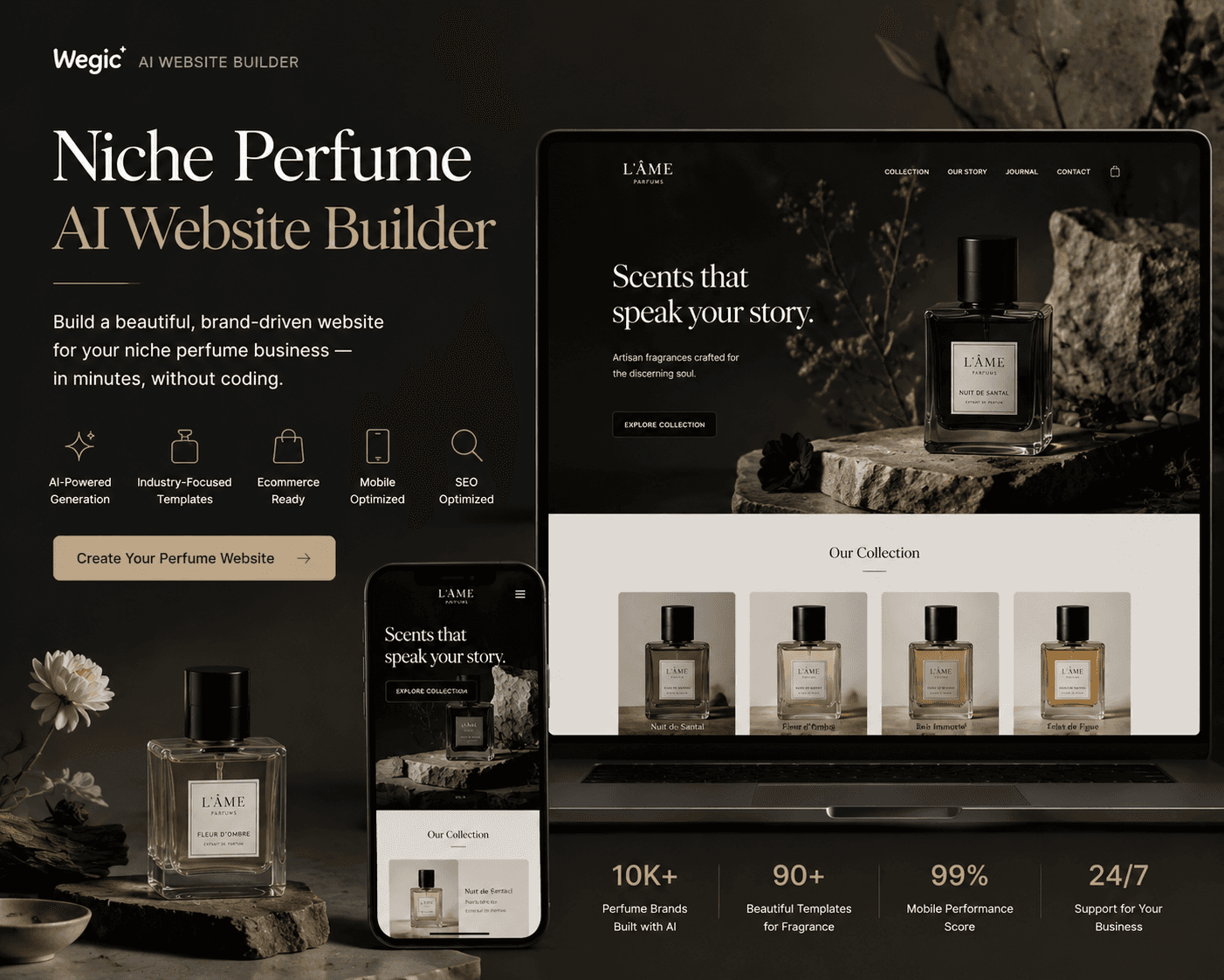 Dark moody marketing graphic for Wegic niche perfume AI website builder, desktop & mobile perfume store mockups, stone and perfume bottle styling, fragrance brand site template showcase with brand stats