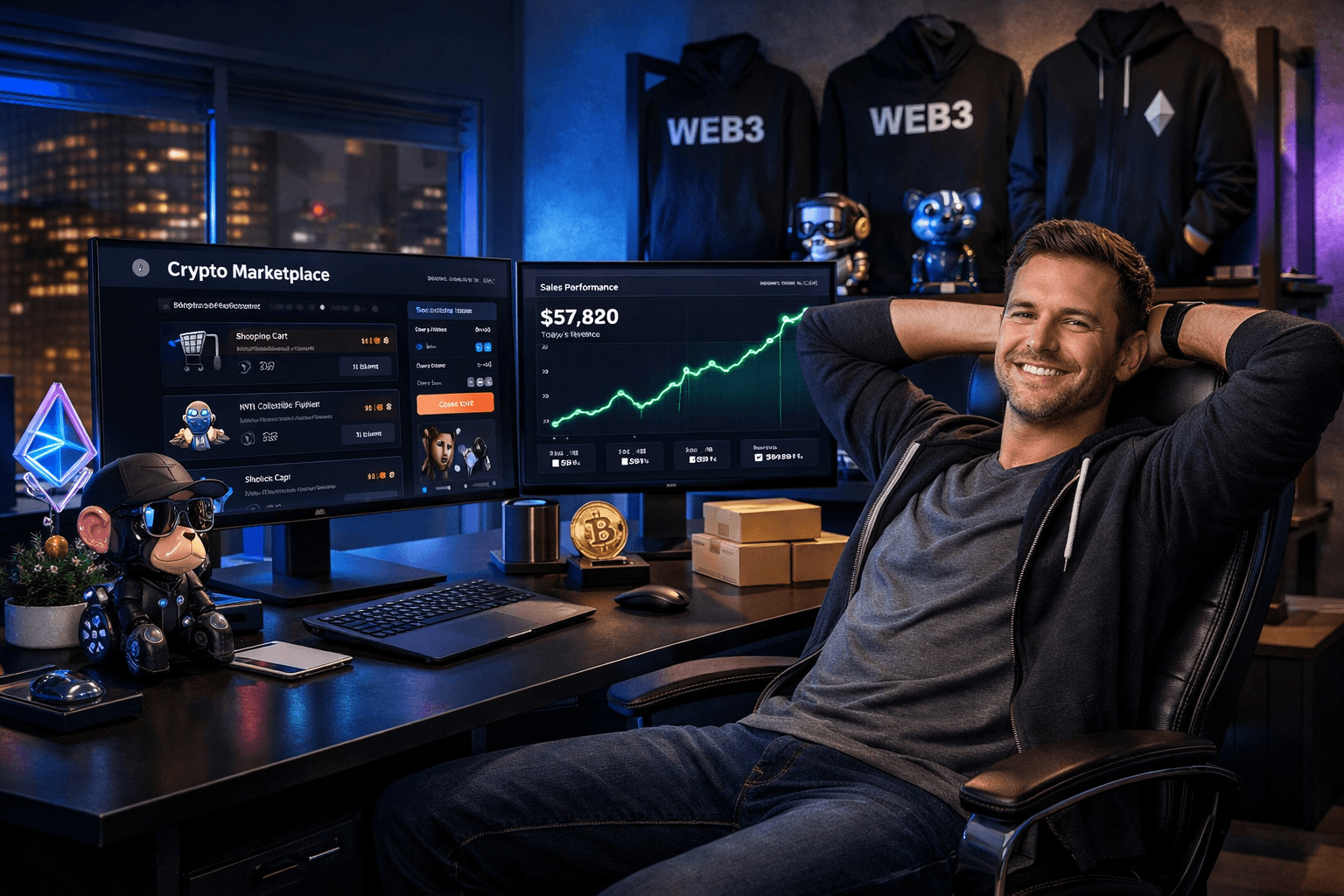 Crypto Website Builder Wegic AI helping an e-commerce manager successfully launch an NFT merchandise store on a dual-monitor setup