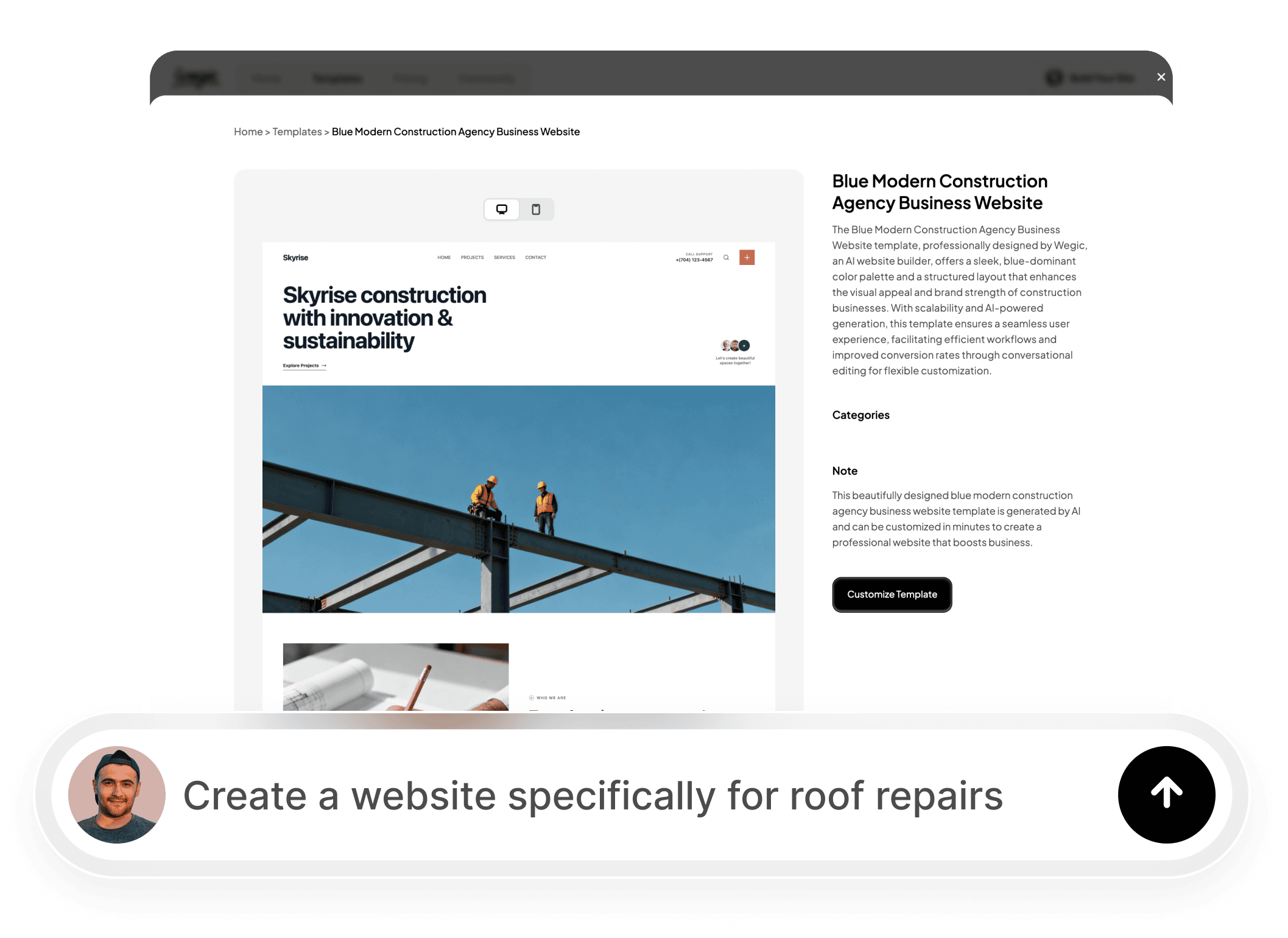 generate a roof repair website via chat in Wegic AI