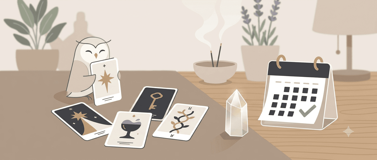 Illustration von Tarotkarten, einem Kristall und einem Kalender mit einem Buchungshäkchen, die zusammen angeordnet sind