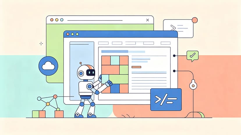 Flat modern illustration banner for Network AI Website Builder, cute AI robot manipulating glowing grid nodes to assemble webpage layouts, soft pastel color palette, clean rounded graphic style, ample blank space for title text, friendly lightweight SaaS visual, wide homepage header ratio