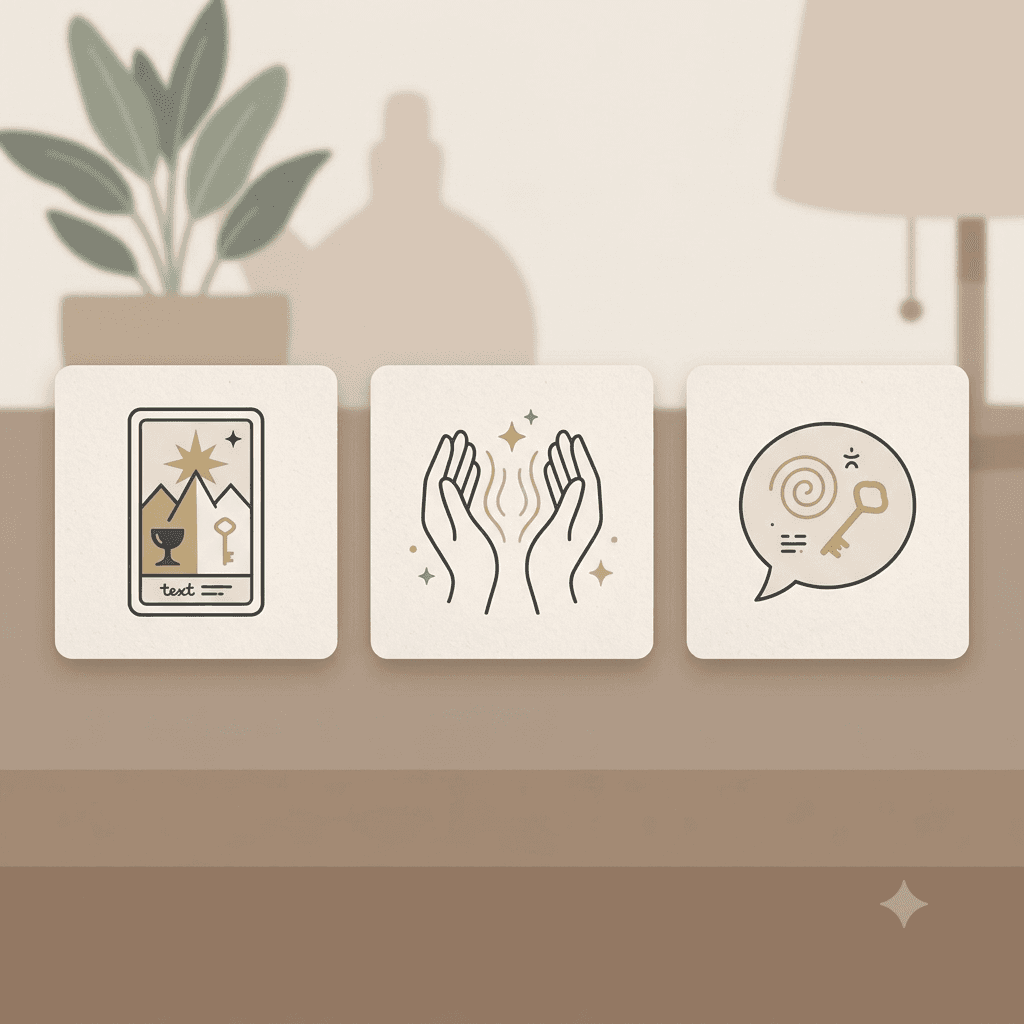 Overview cards for different spiritual service offerings like tarot, reiki, and coaching