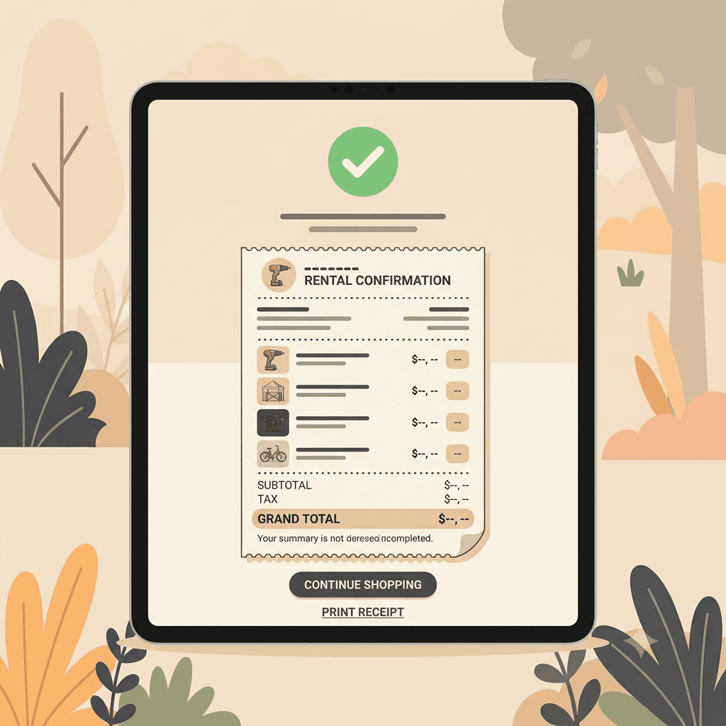 Checkout confirmation screen showing a paid deposit for an equipment rental