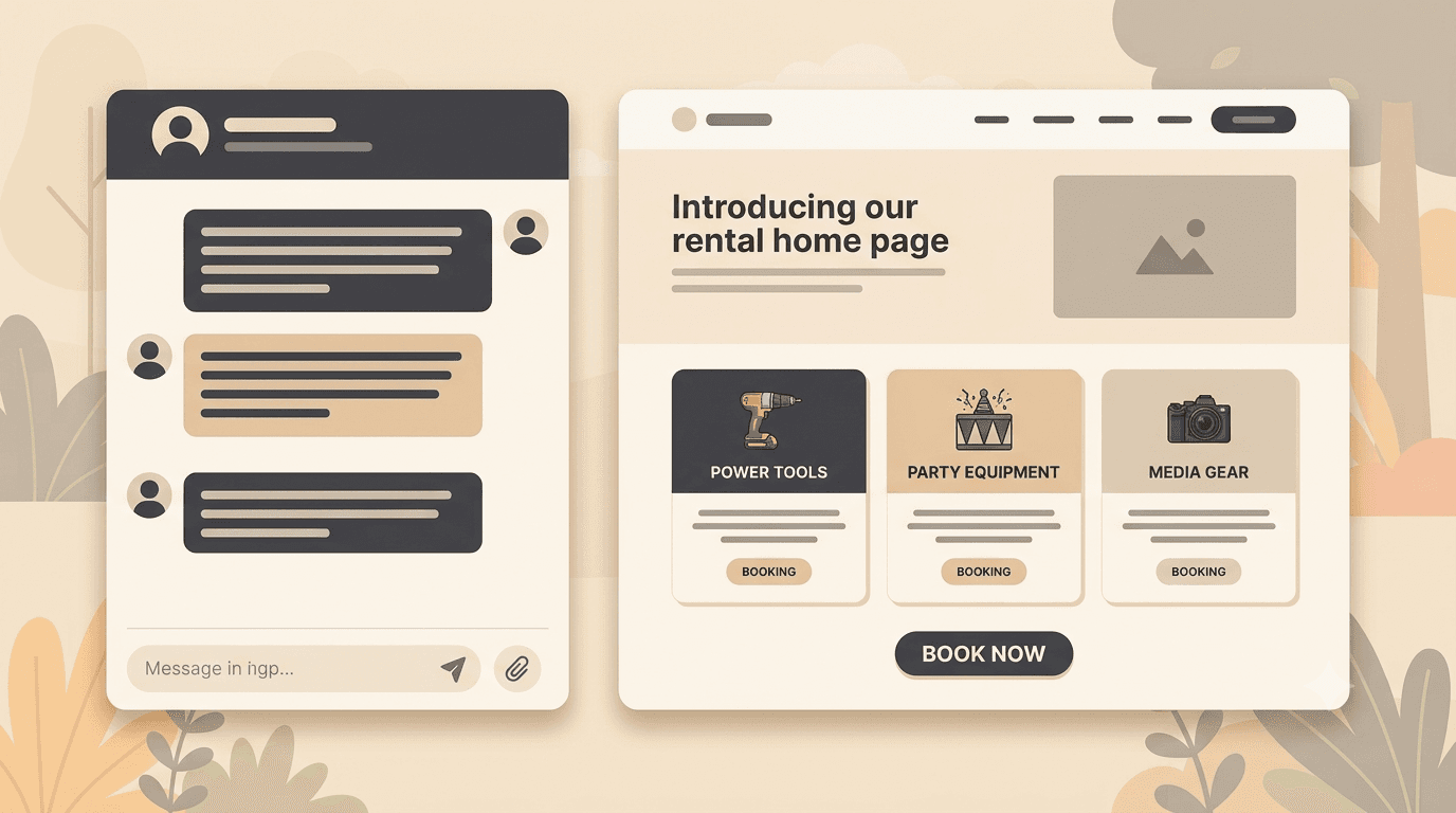 Mockup of an equipment rental website being built through an AI chat panel, showing category pages and a booking button