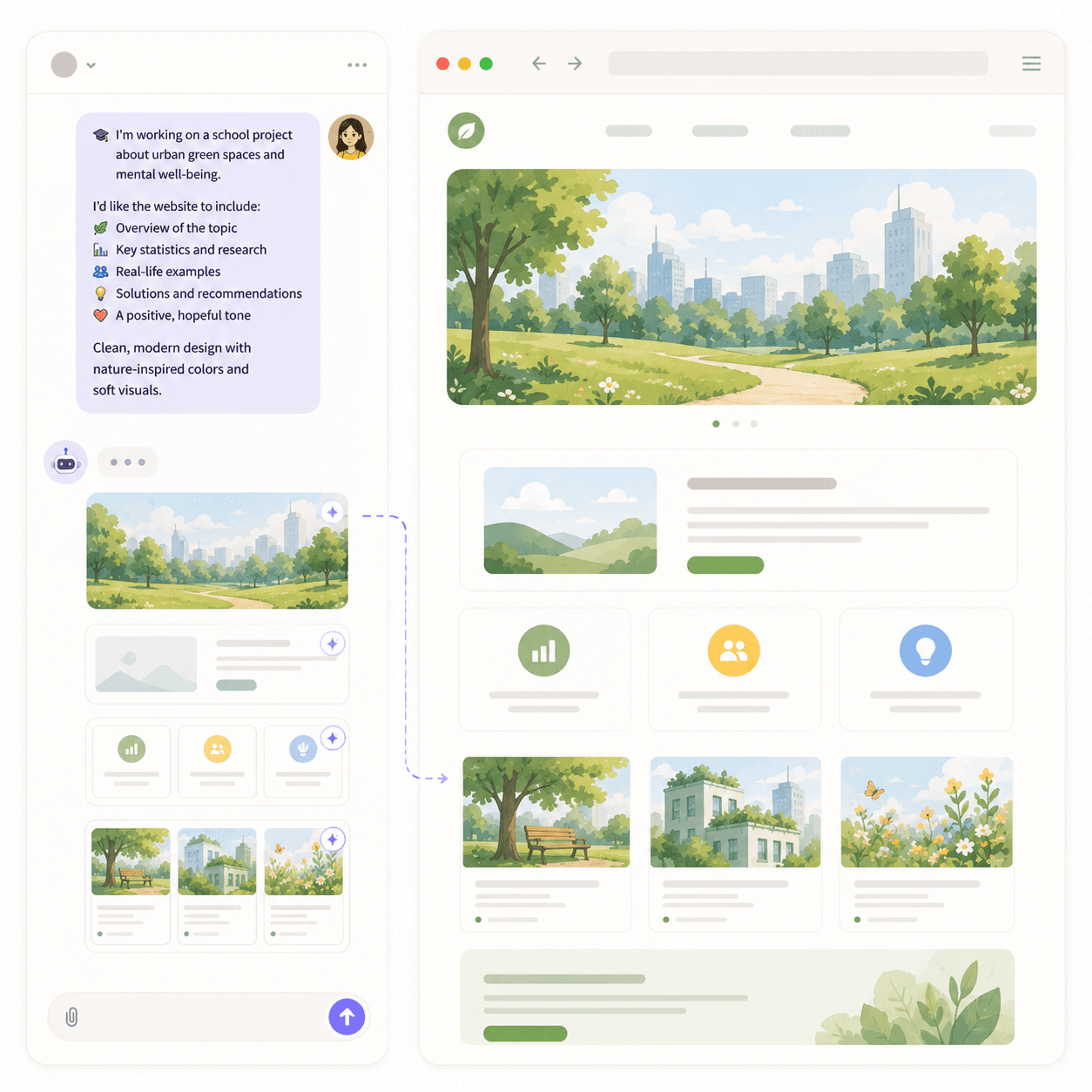 Chat interface generating a school project website layout in real time