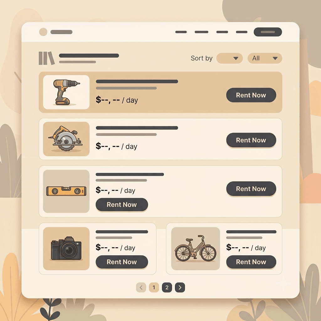Equipment rental category page showing a list of tools with photos and rental buttons