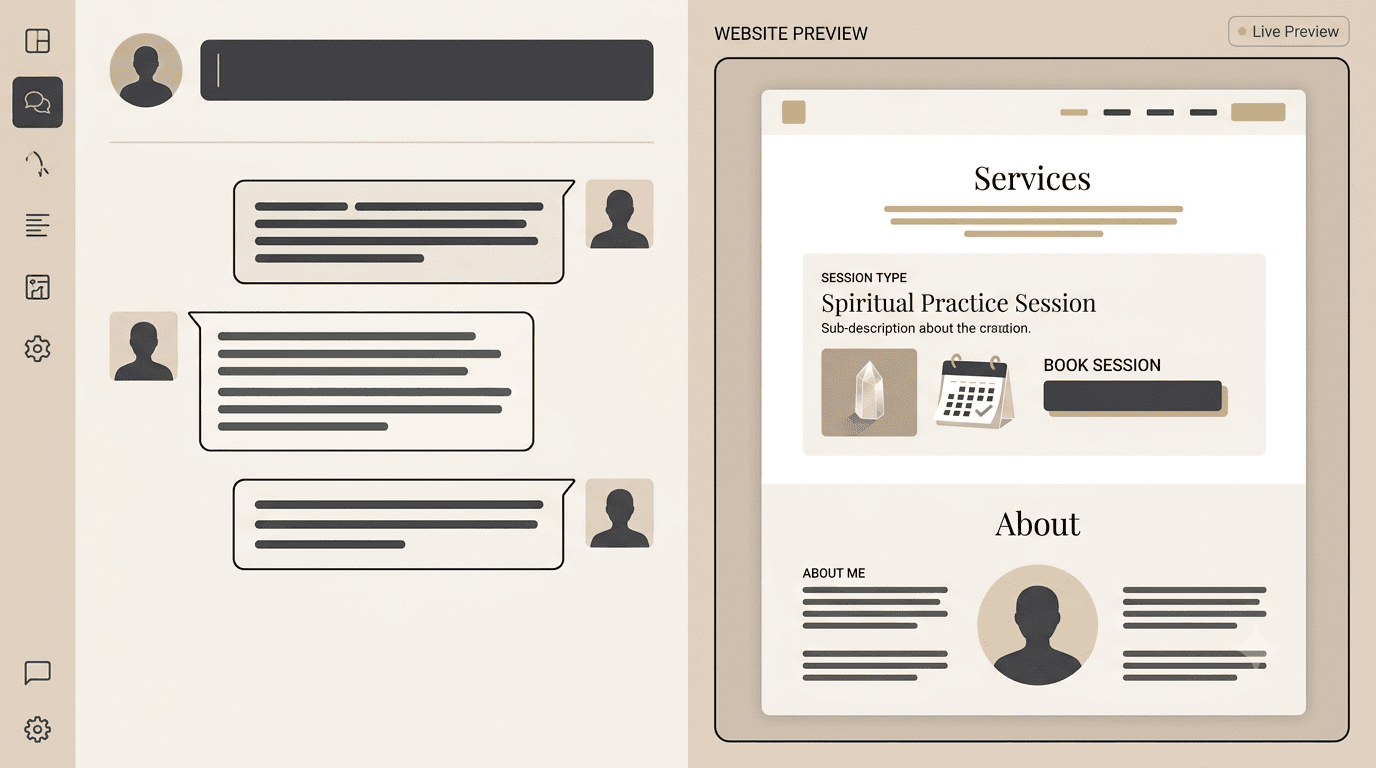 Mockup of a spiritual business website being built through an AI chat panel, showing a service page and an about page