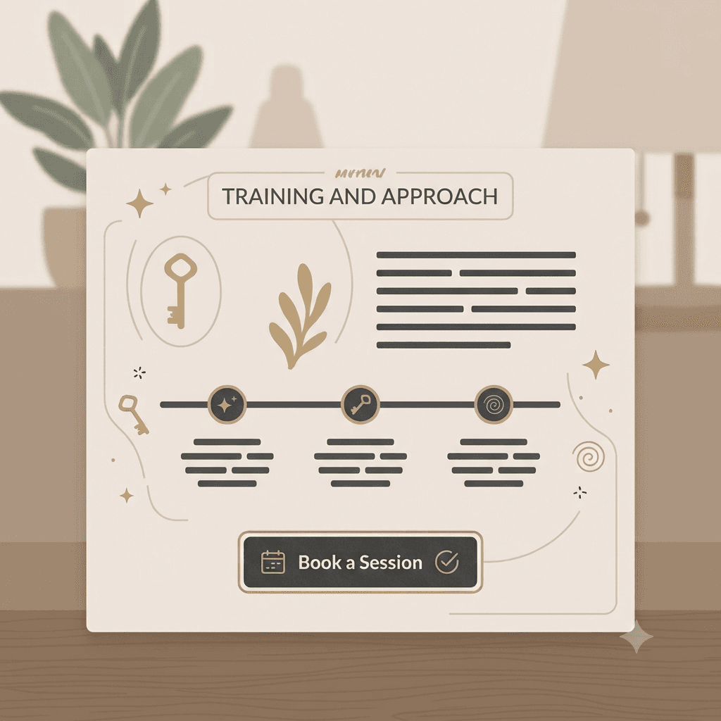 Close-up of a training and approach section on a spiritual practitioner's about page