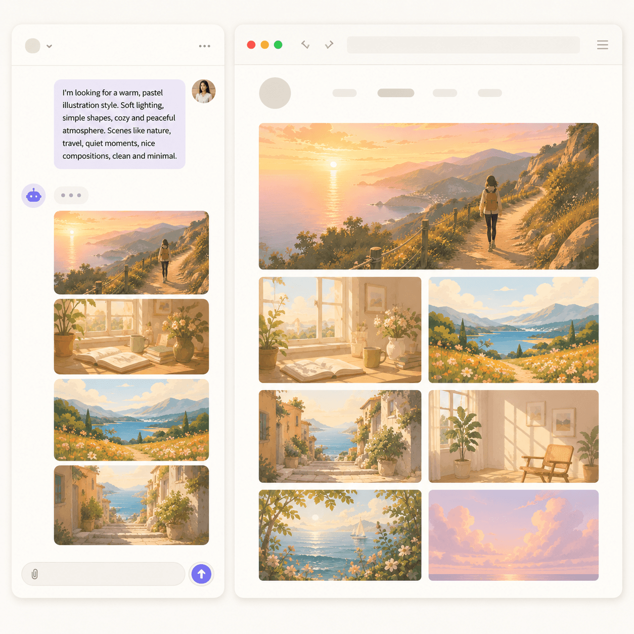 Chat interface generating an artist portfolio website layout in real time