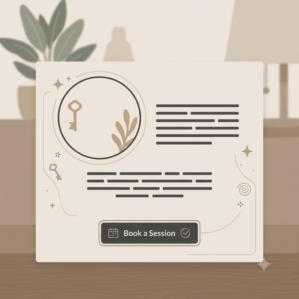 About page mockup with a portrait placeholder and bio text for a spiritual practitioner