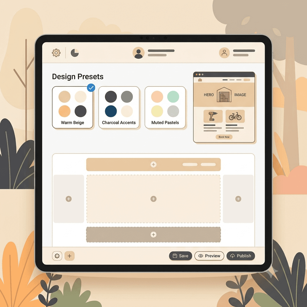 Website template picker showing a few color palette options for an equipment rental site