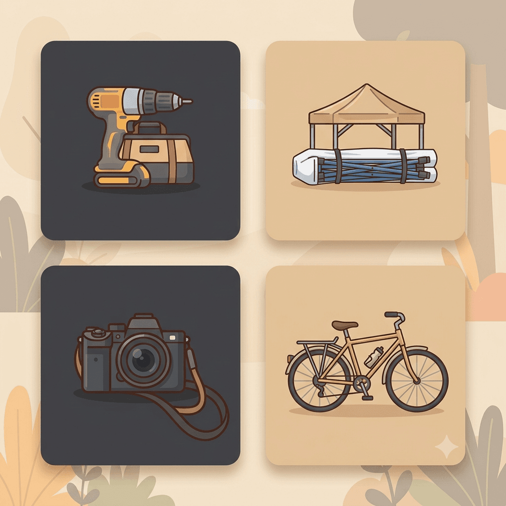 Grid of equipment rental category icons for tools, tents, cameras, and bikes