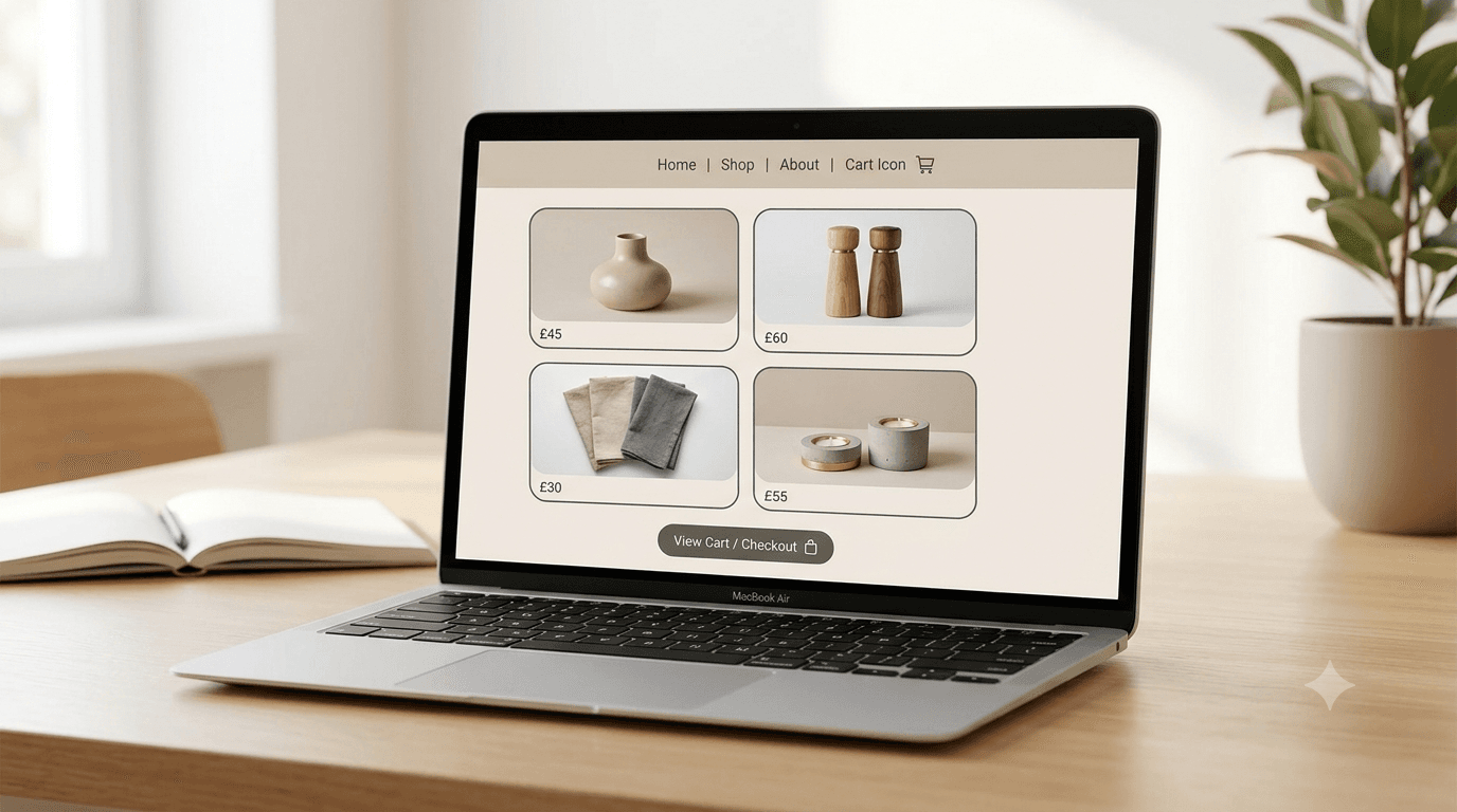 Online-Shop-Website für ein kleines deutsches Unternehmen, die Produktseiten und den Checkout auf einem Laptop-Bildschirm zeigt