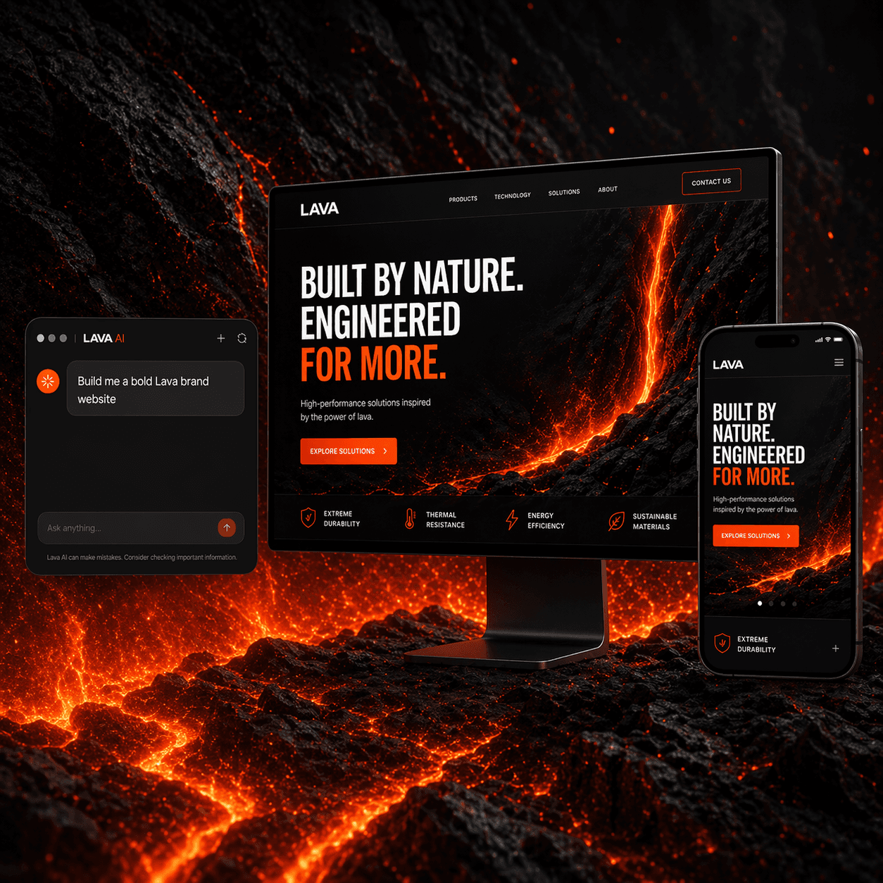 AI Lava websitebouwer-interface die de chat-naar-bouwfunctie op desktop en mobiel toont
