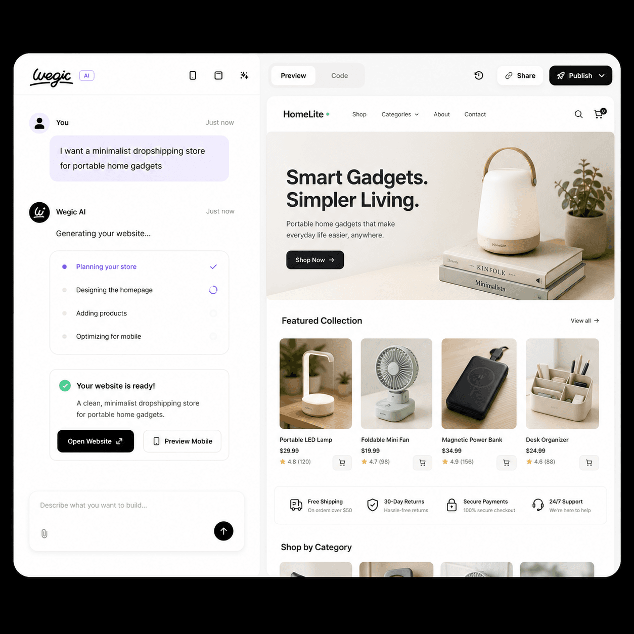 KI-Dropshipping-Website-Builder-Chat-Vorschau-Shop-Start — Wegic