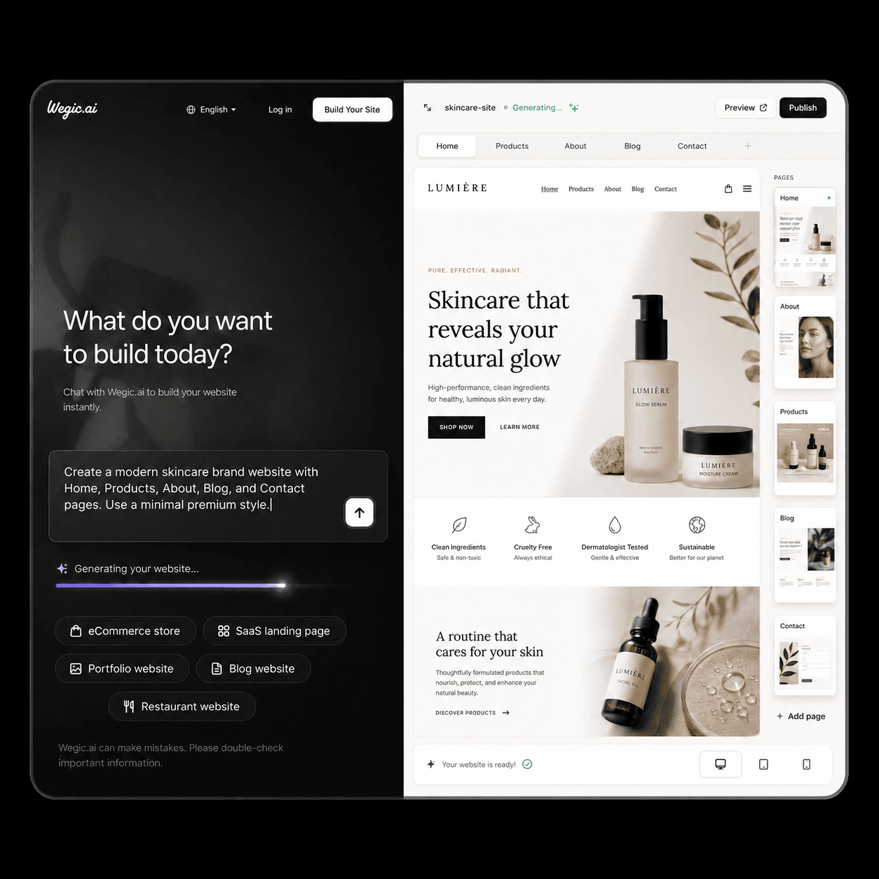Chat construyendo sitio en vivo — Creador de sitios web gratuito con IA Wegic