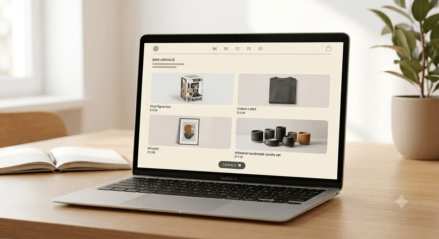 Negozio online di merchandise anime che mostra figure, abbigliamento e stampe sullo schermo di un laptop