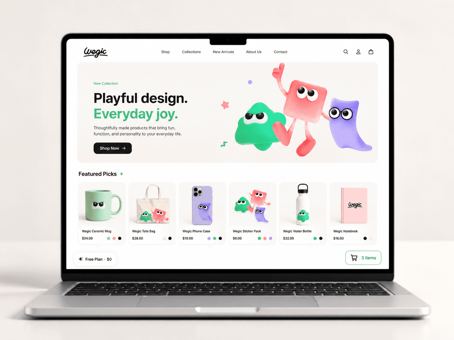 Sito di e-commerce gratuito Wegic AI con griglia di prodotti e carrello su laptop