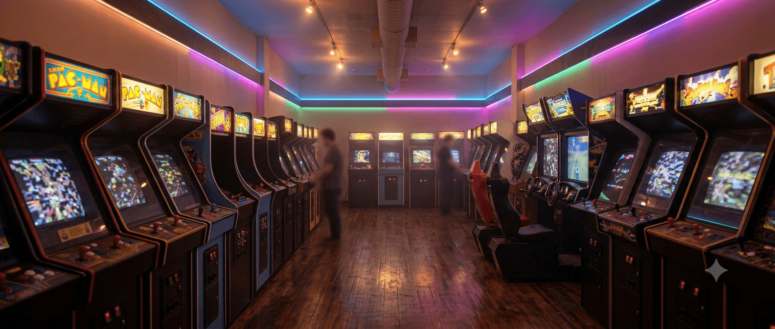 Neonbeleuchteter Spielhallenraum mit klassischen und modernen Arcade-Automaten