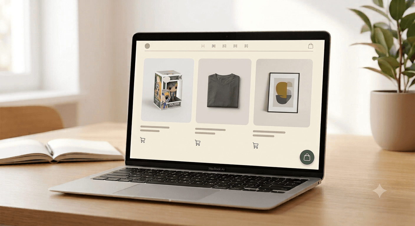 Pagina del catalogo prodotti del negozio online che mostra una combinazione di figure anime, abbigliamento e stampe con un'icona del carrello della spesa