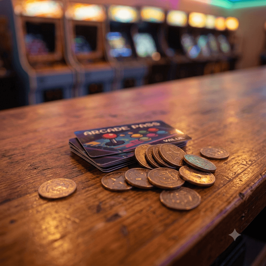 Arcade-Geschenkkarten und Token, die auf einem Tresen ausgelegt sind