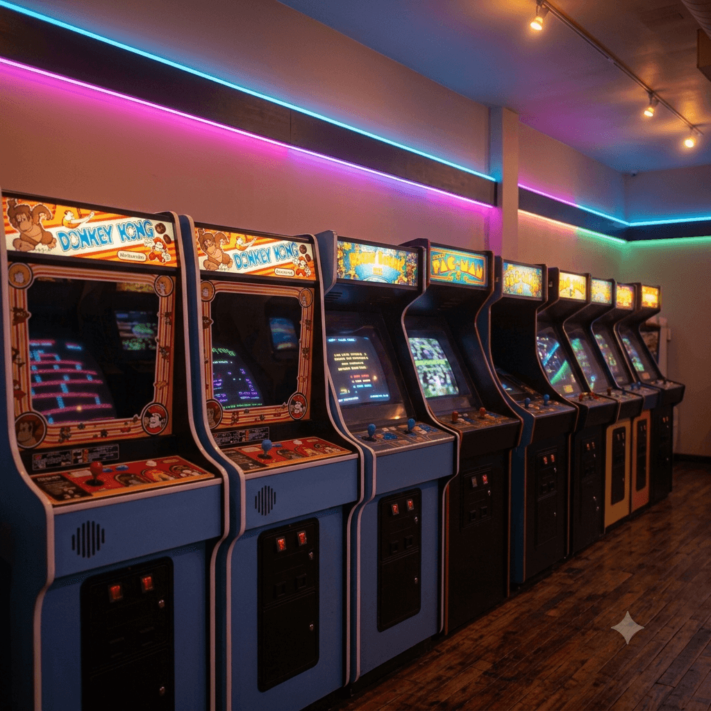 Reihe bunter Arcade-Spielautomaten mit leuchtenden Bildschirmen
