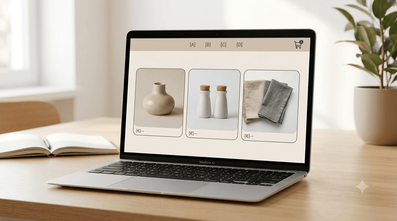 Online-Shop Produktkatalogseite zeigt Produktfoto-Karten mit Preisen und einem Warenkorb-Symbol
