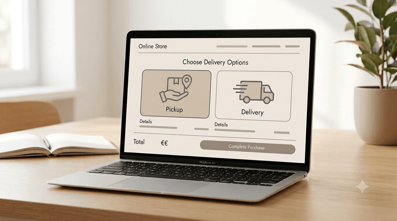 Online-Shop Checkout-Seite zeigt Umschalter für Abhol- und Lieferoptionen