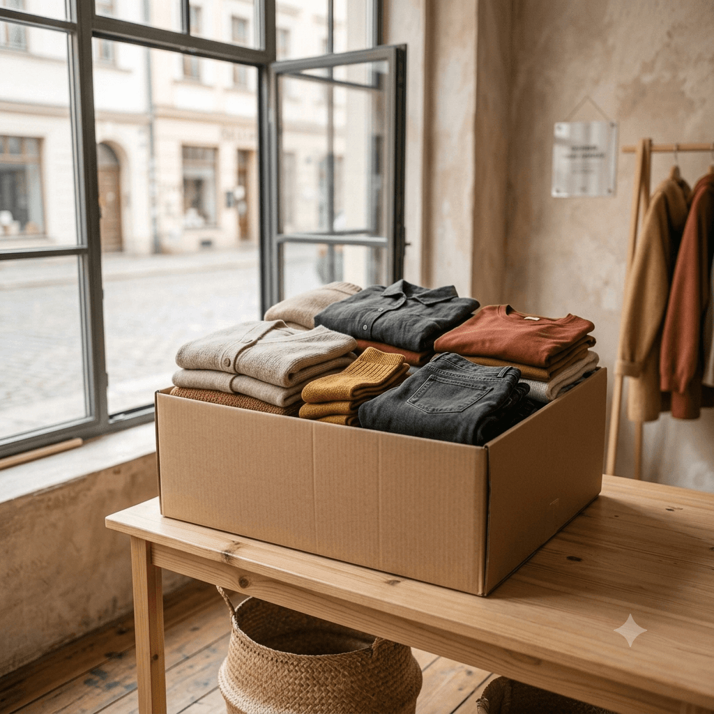 Spendenbox gefüllt mit gefalteter Kleidung, bereit zur Abgabe