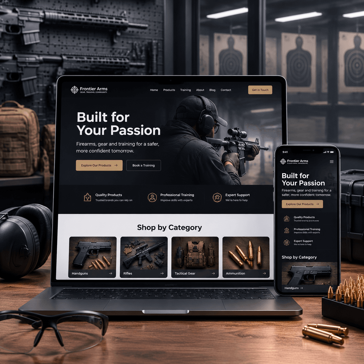 KI-Website-Builder erstellt eine professionelle Website für ein Waffenunternehmen mit Desktop- und mobilen Vorschauen