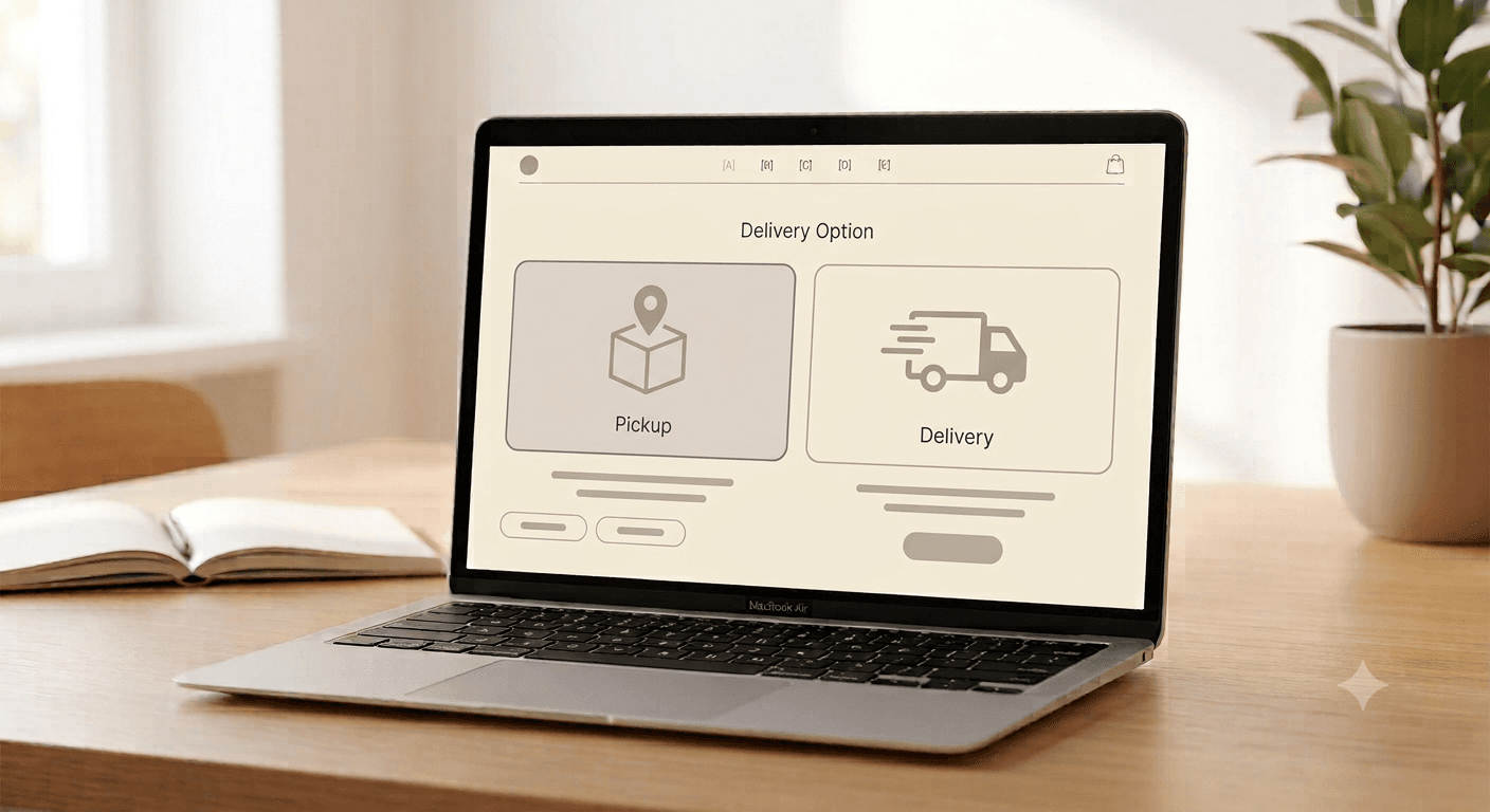 Pagina di checkout del negozio online che mostra l'opzione di selezione tra ritiro e consegna