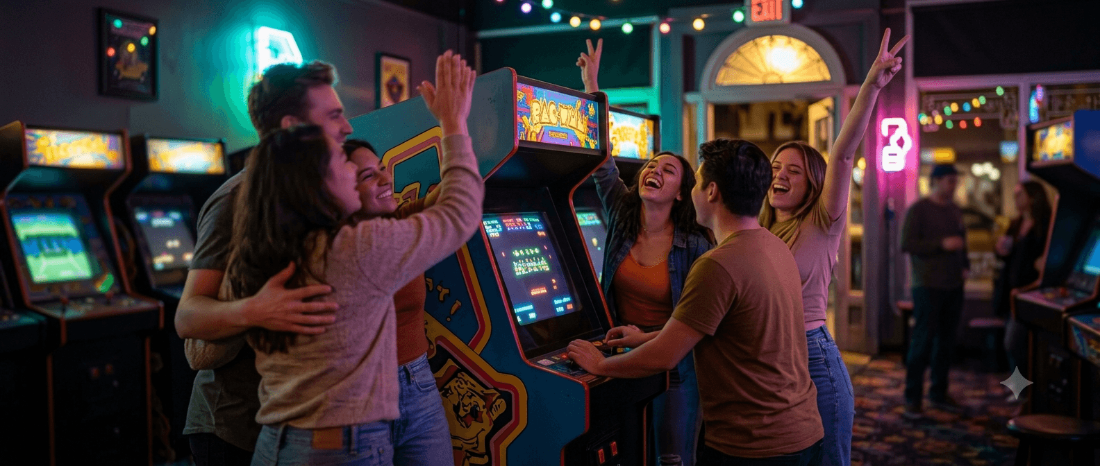 Freunde feiern zusammen einen Highscore an einem Arcade-Automaten