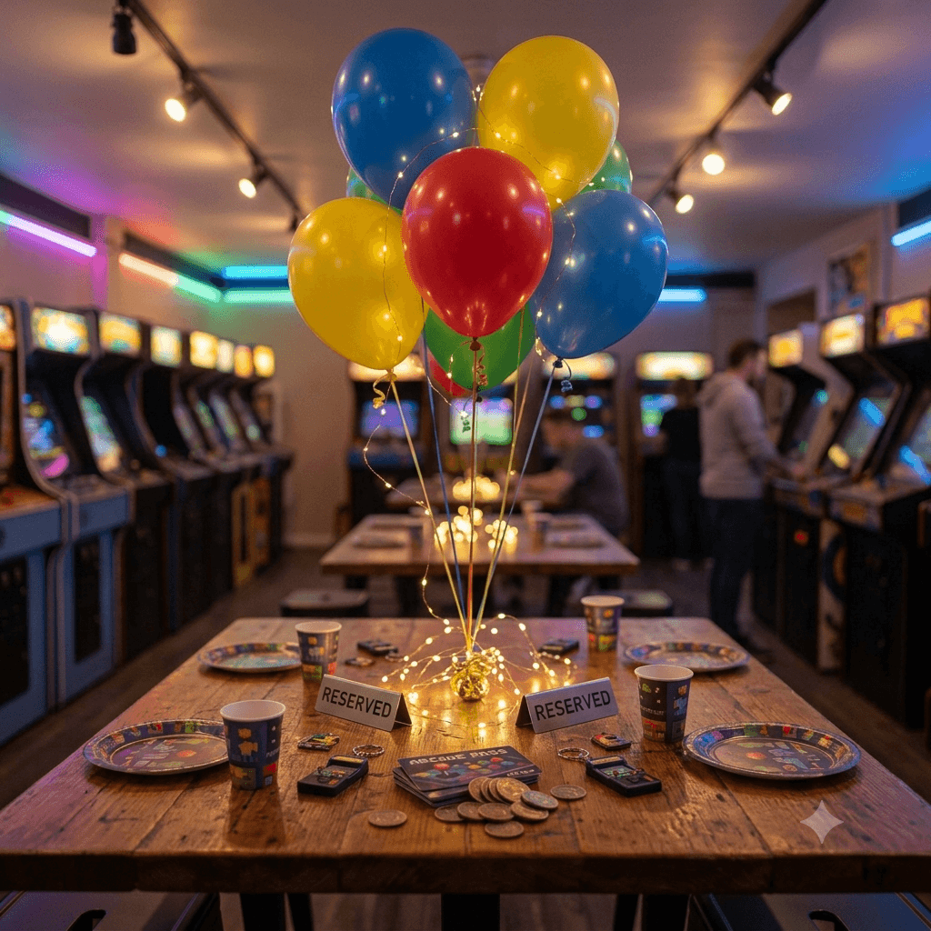 Reservierter Partytisch in einer Spielhalle mit Luftballons