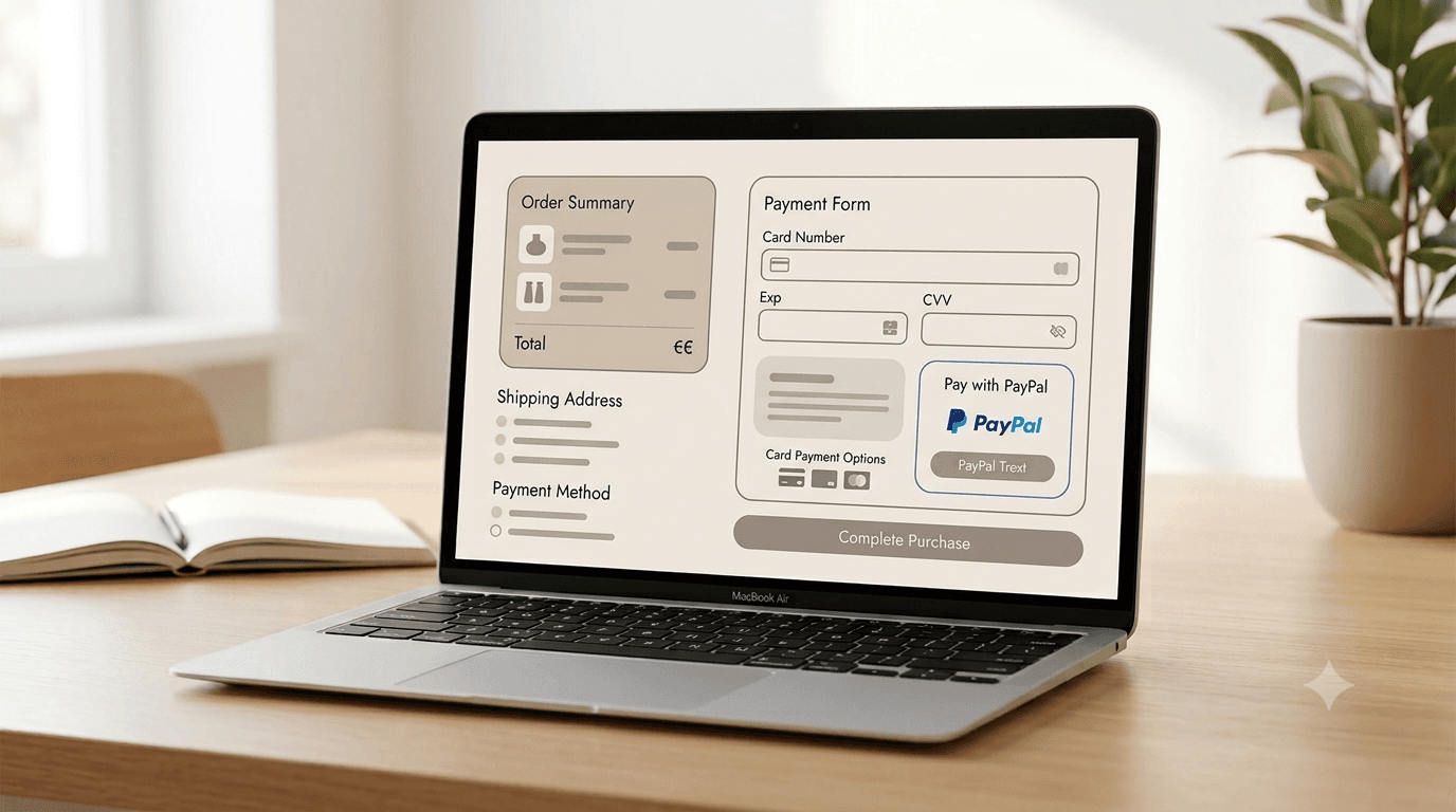 Online-Shop Checkout-Seite zeigt PayPal- und Stripe-Zahlungsoptionen