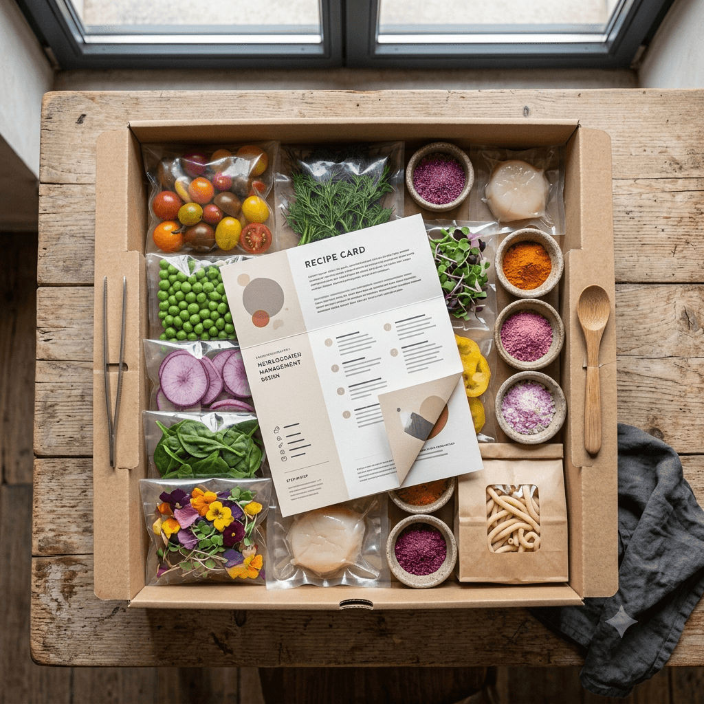 Mahlzeit-Kit-Box, gefüllt mit frischen Zutaten, bereit zur Lieferung