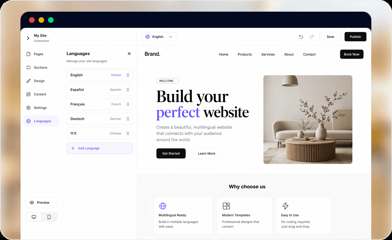 Interfaz del creador de sitios web chinos multilingües de Wegic AI