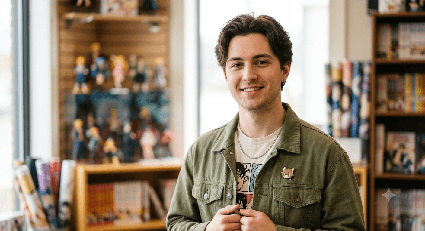 Ritratto del proprietario di un negozio di merchandise anime, foto professionale