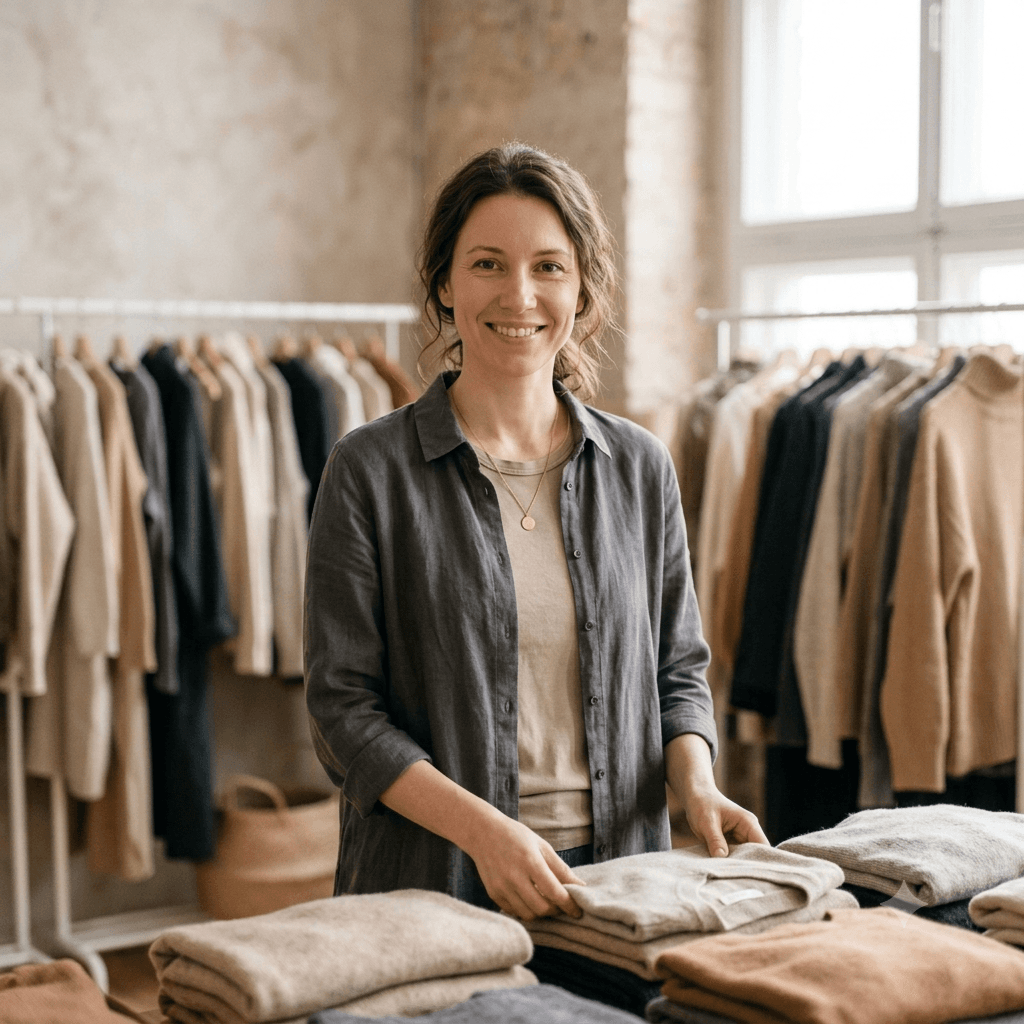 Portrait of a smiling clothing closet program coordinator standing among donated clothing racks