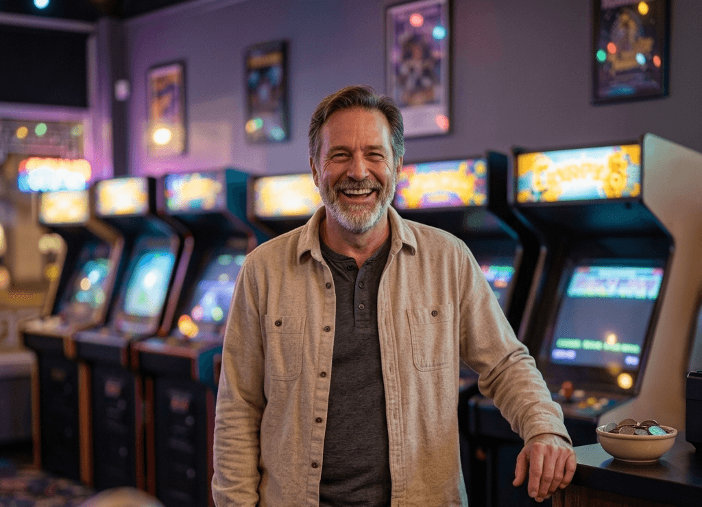 Porträt eines lächelnden Spielhallenbesitzers, der zwischen leuchtenden Spielhallenautomaten steht