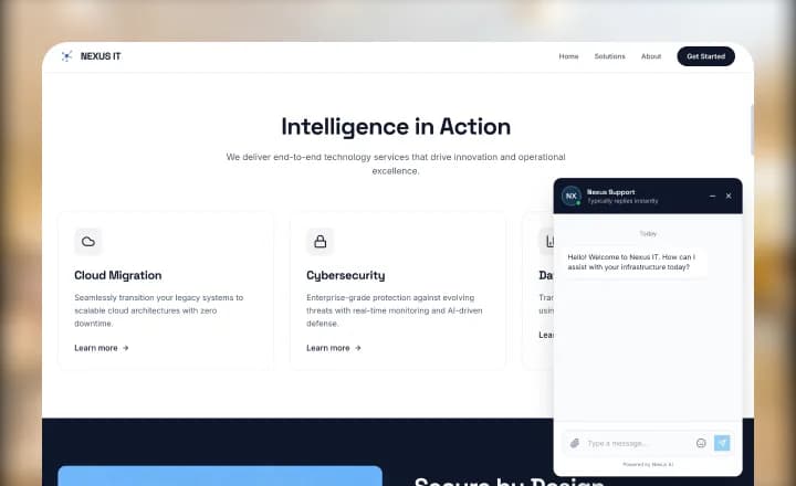 Business website homepage with service sections and live chat support widget