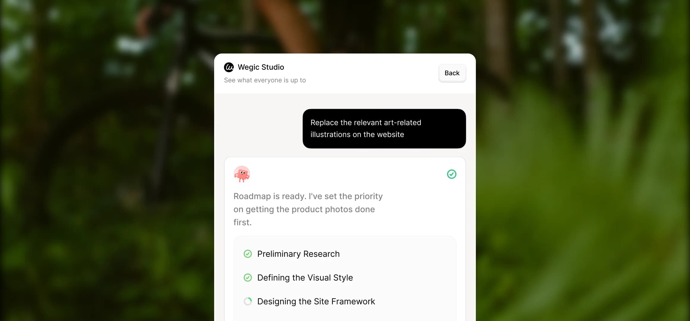 Wegic Studio AI chat interface showing art illustration selection for a website