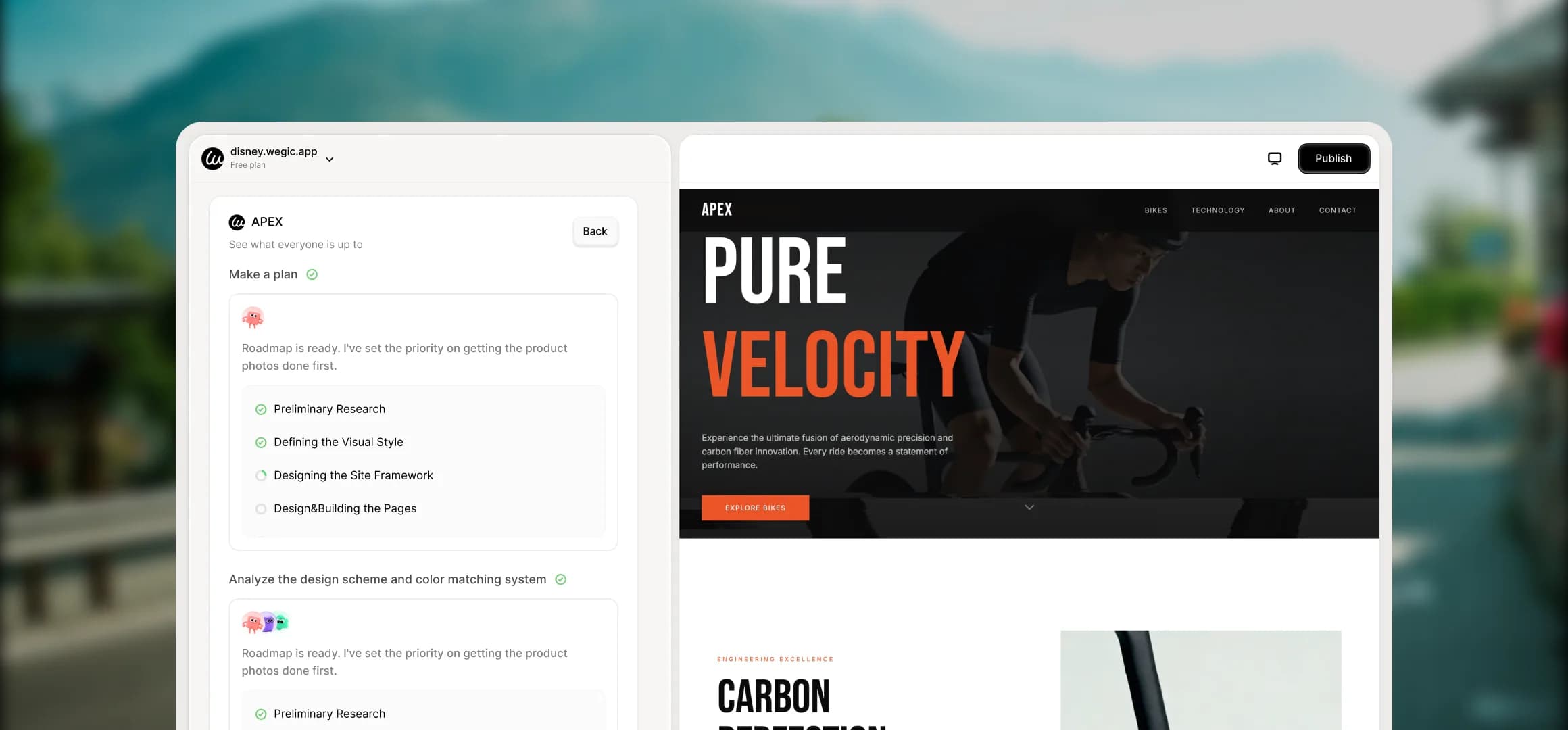 Website publishing settings panel with subdomain and custom domain options