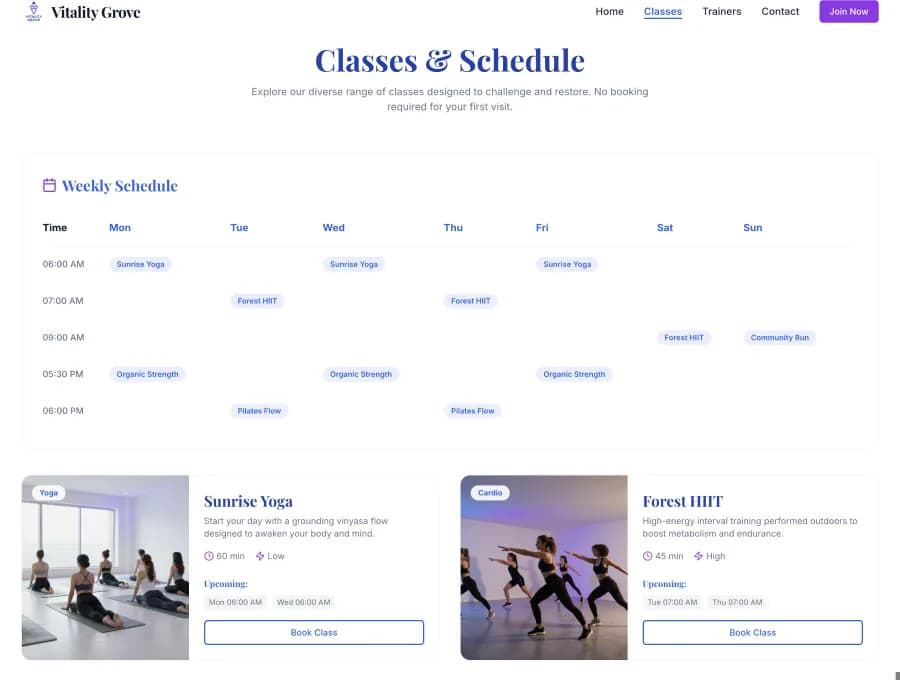 ai-generated yoga class schedule page from Wegic AI